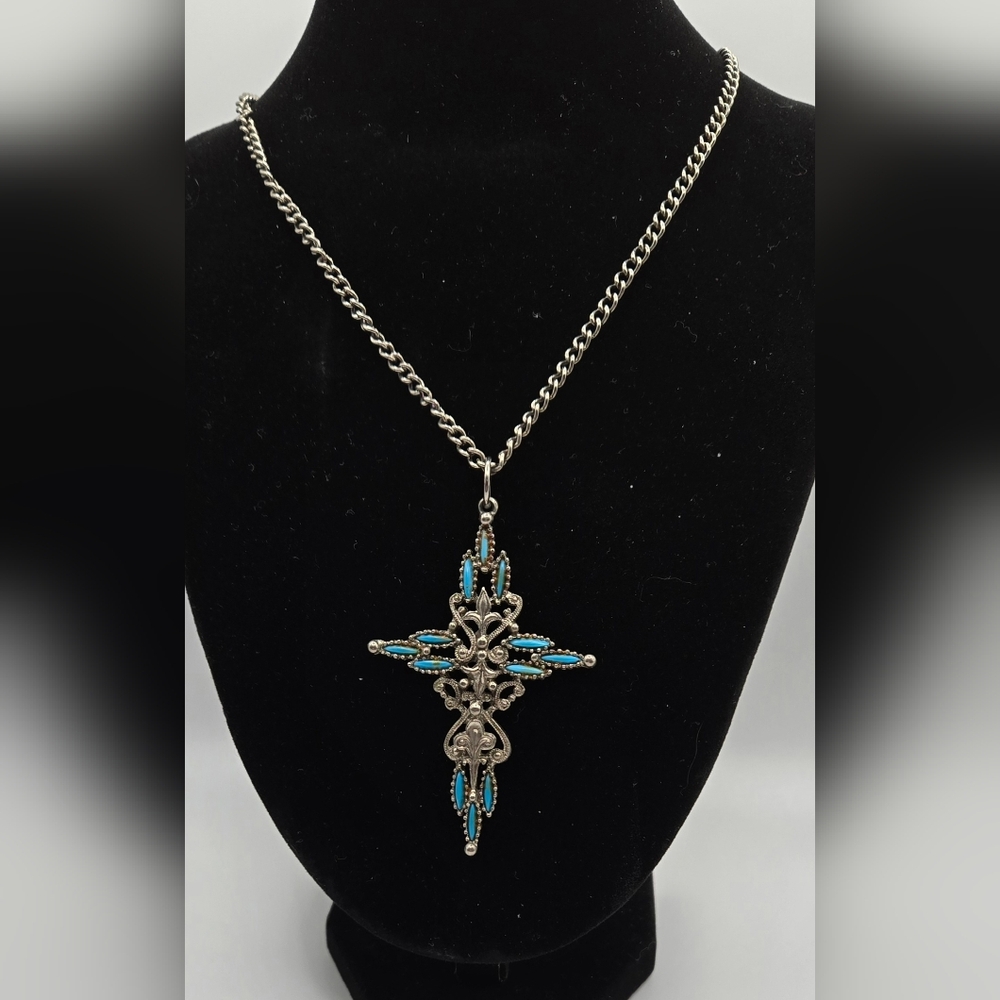 ✝️ Cross Necklace w/ Faux Turquoise Accents Stamped "Roma" on Back Italy